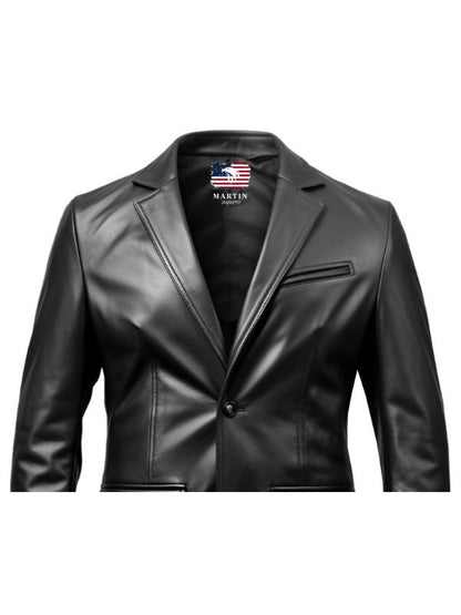 Two Button Men Black Leather Blazer - Leather Blazer for Men