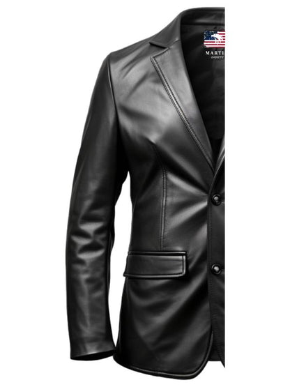 Two Button Men Black Leather Blazer - Leather Blazer for Men