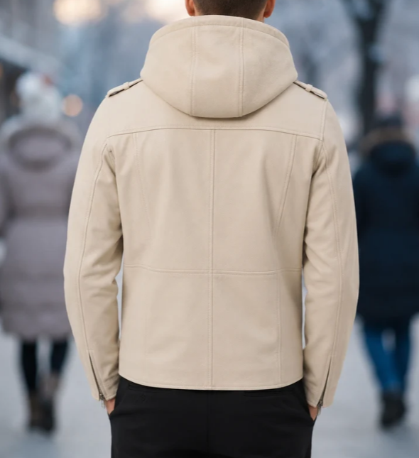 VantaRider Men's Beige Hooded Biker Leather Jacket