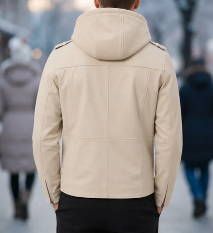 VantaRider Men's Beige Hooded Biker Leather Jacket
