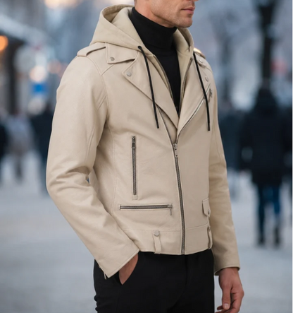 VantaRider Men's Beige Hooded Biker Leather Jacket
