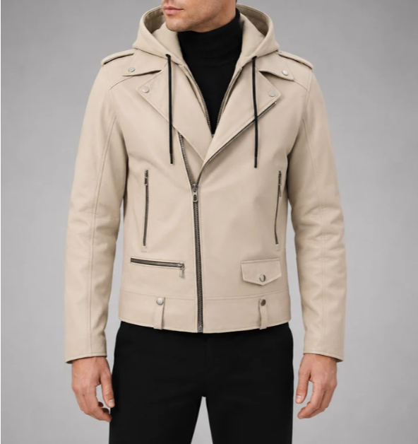 VantaRider Men's Beige Hooded Biker Leather Jacket