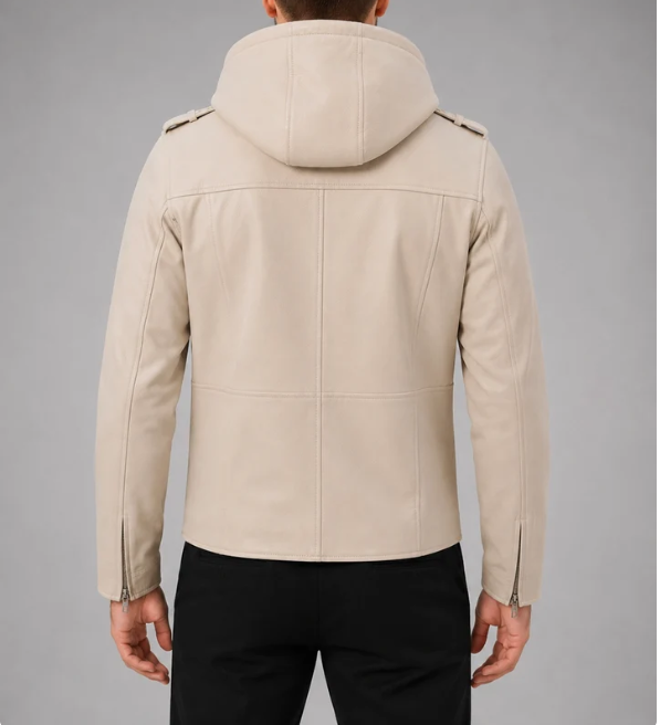 VantaRider Men's Beige Hooded Biker Leather Jacket