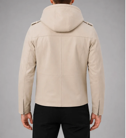 VantaRider Men's Beige Hooded Biker Leather Jacket