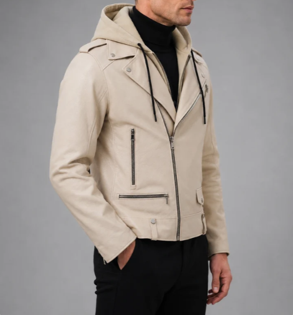 VantaRider Men's Beige Hooded Biker Leather Jacket