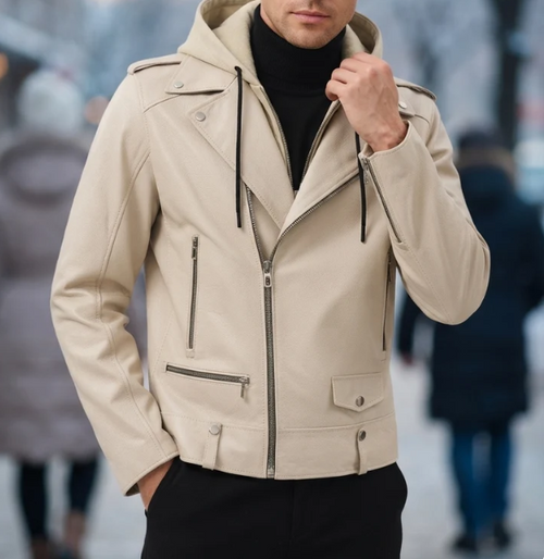 VantaRider Men's Beige Hooded Biker Leather Jacket