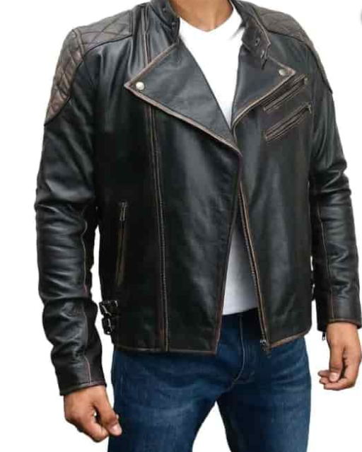 Men's Distressed Vintage Leather Biker Jacket front view