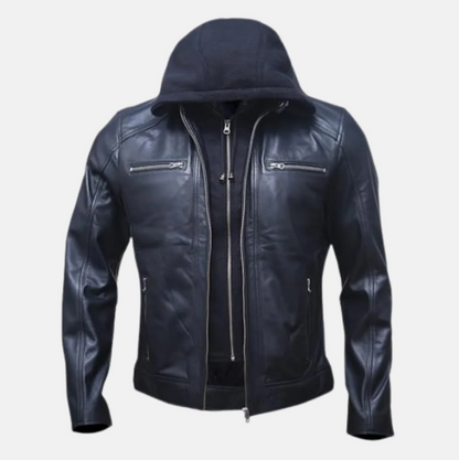 Vortex Removable Hood Mens Leather Motorcycle Jacket