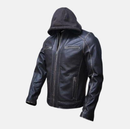 Vortex Removable Hood Mens Leather Motorcycle Jacket