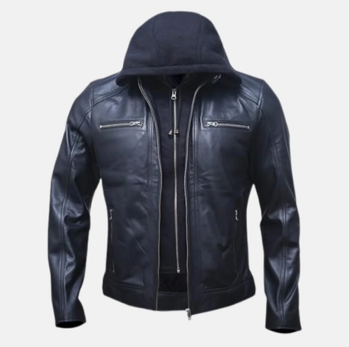 Vortex Removable Hood Mens Leather Motorcycle Jacket