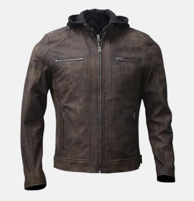 Vortex Removable Hood Mens Leather Motorcycle Jacket