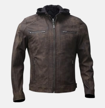 Vortex Removable Hood Mens Leather Motorcycle Jacket