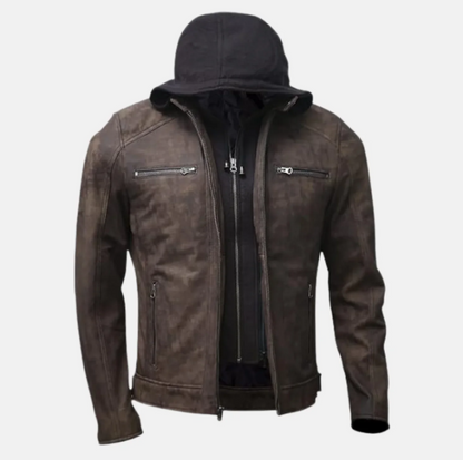 Vortex Removable Hood Mens Leather Motorcycle Jacket