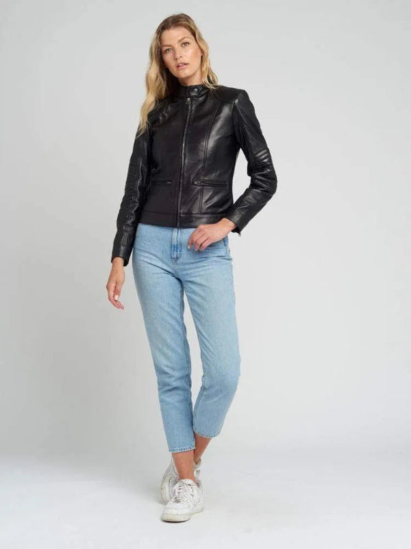 Women's Quilted Shoulder Black Cafe Race Leather Jacket