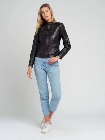 Women's Quilted Shoulder Black Cafe Race Leather Jacket