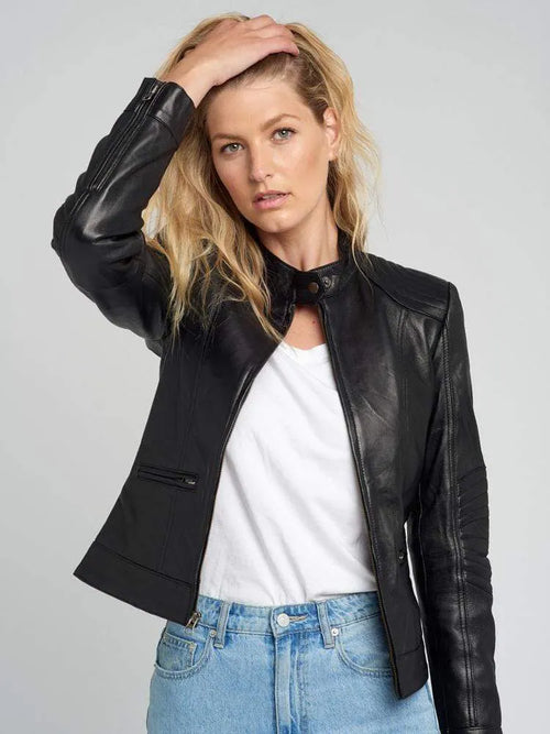 Women's Quilted Shoulder Black Cafe Race Leather Jacket