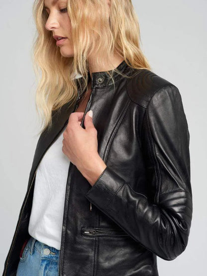 Womens Quilted Shoulder Black Cafe Race Leather Jacket