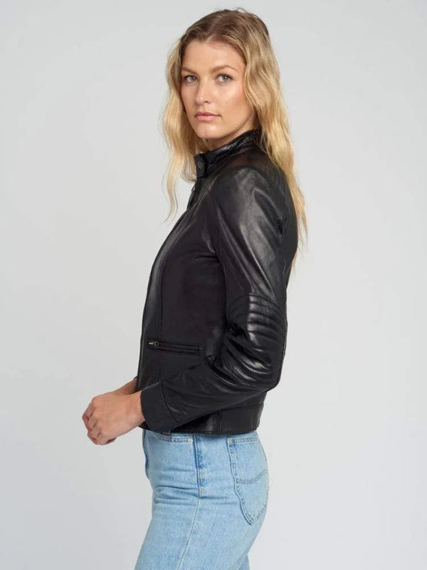 Women's Quilted Shoulder Black Cafe Race Leather Jacket