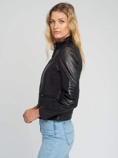 Women's Quilted Shoulder Black Cafe Race Leather Jacket