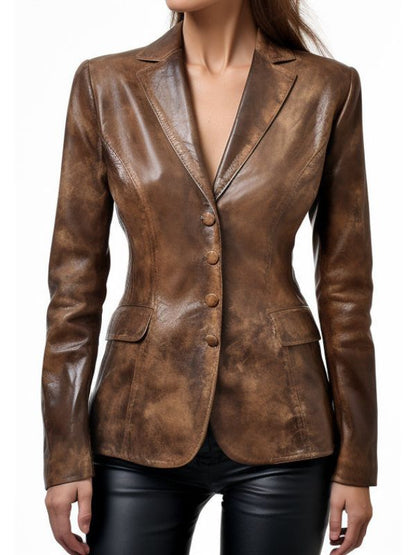 Women Alessia Brown Distressed Leather Blazer