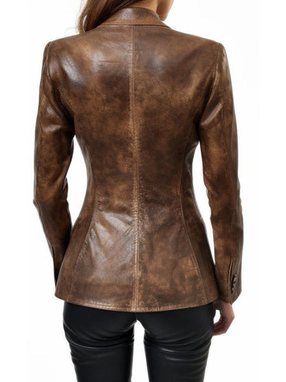 Women Alessia Brown Distressed Leather Blazer