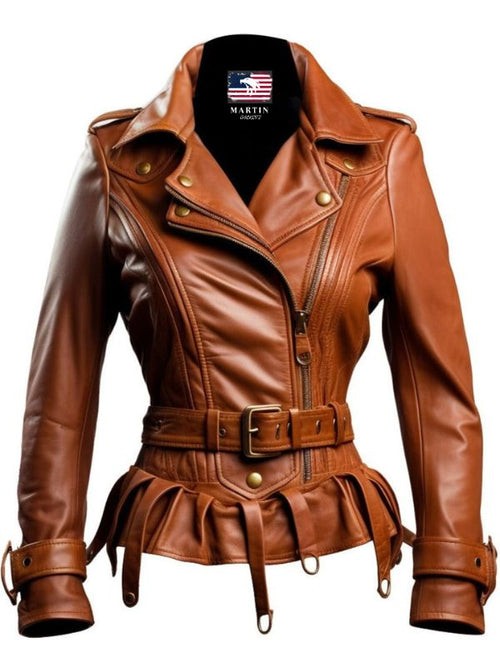 Women Assymetrical Brown Leather Jacket