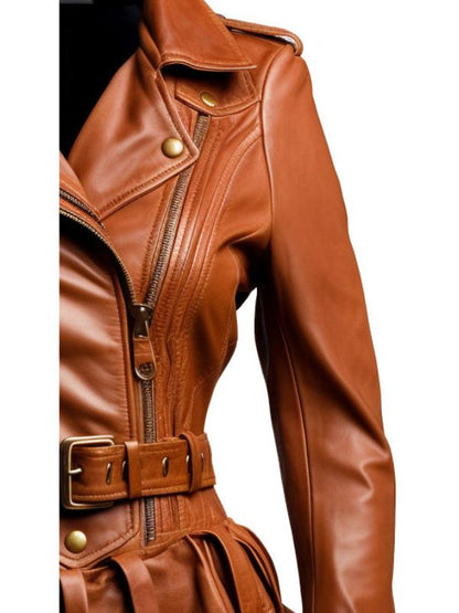 Women Assymetrical Brown Leather Jacket