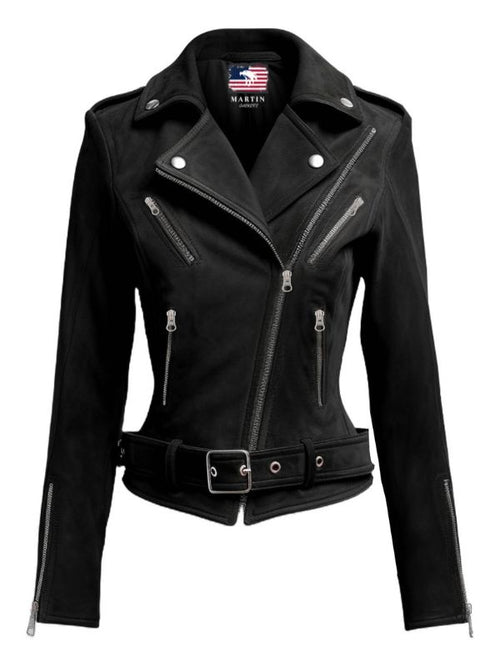 Women Biker Black Suede Leather Jacket