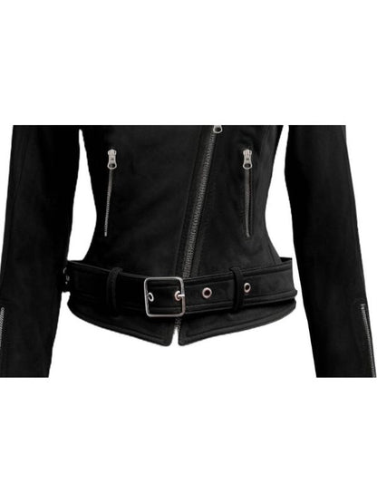 Women Biker Black Suede Leather Jacket