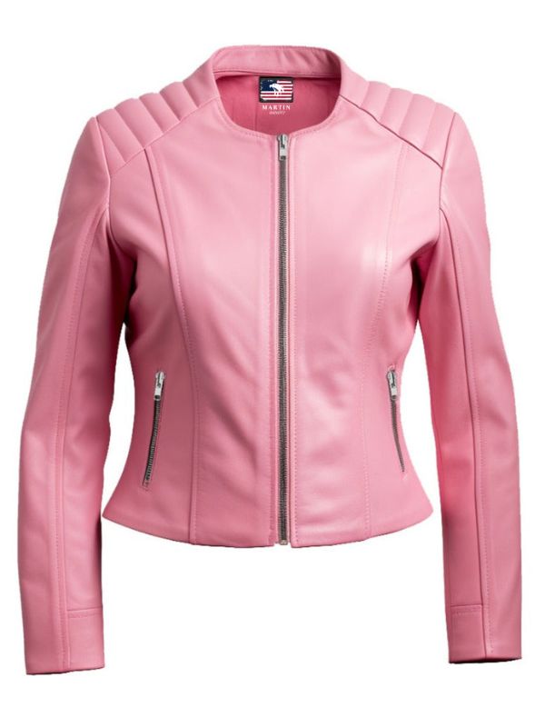 Women Biker Jacket Pink Faux Leather