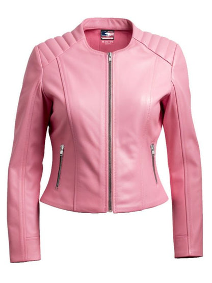 Women Biker Jacket Pink Faux Leather