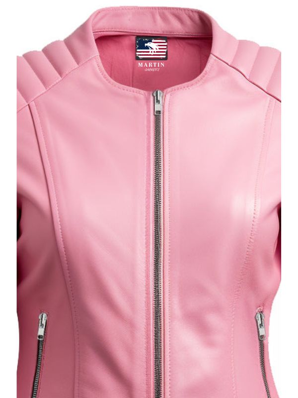 Women Biker Jacket Pink Faux Leather