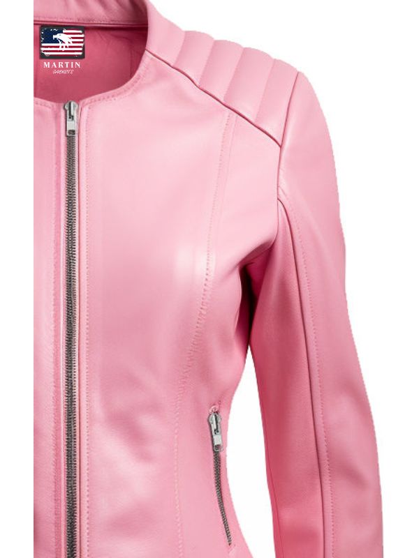 Women Biker Jacket Pink Faux Leather