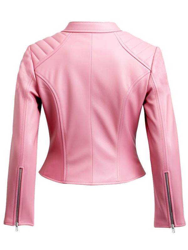 Women Biker Jacket Pink Faux Leather