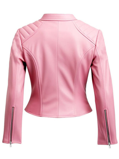 Women Biker Jacket Pink Faux Leather