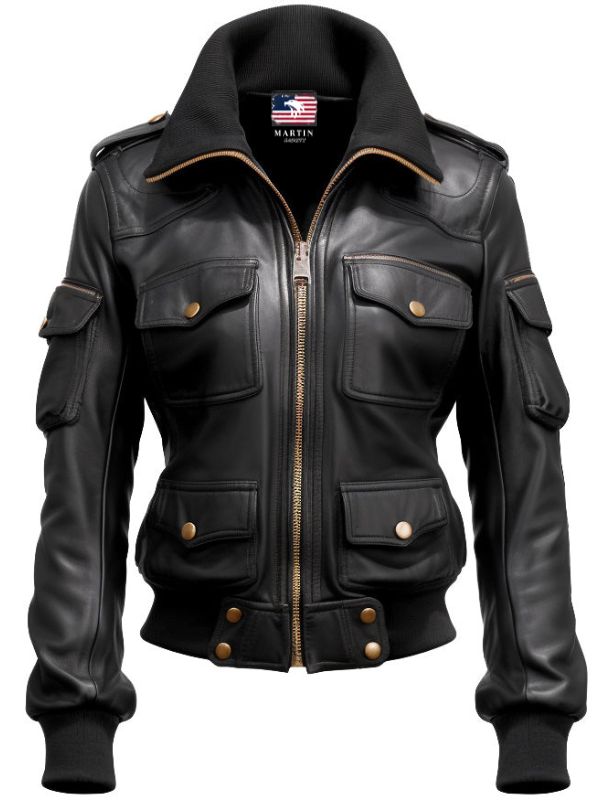 Women Black Biker Bomber Leather Jacket