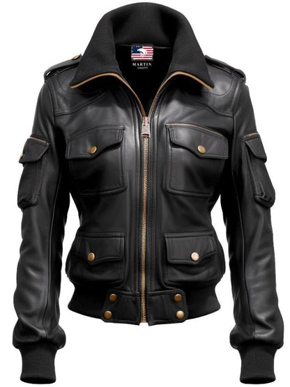 Women Black Biker Bomber Leather Jacket