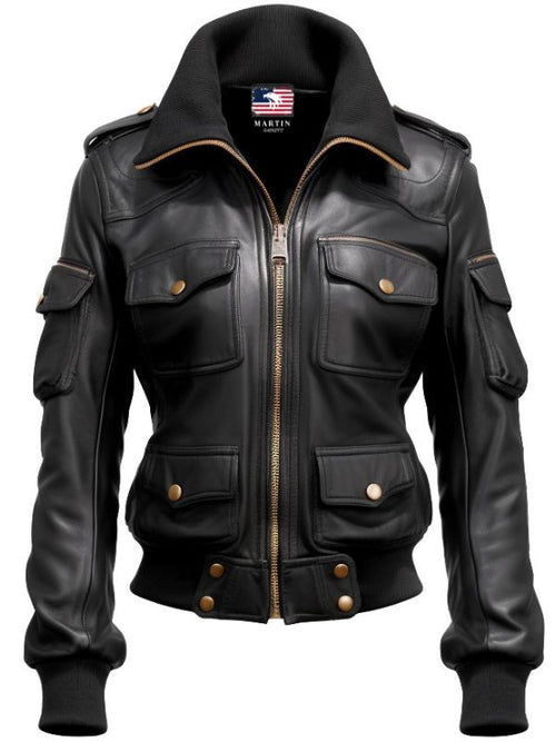 Women Black Biker Bomber Leather Jacket