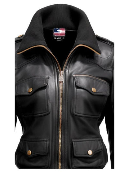 Women Black Biker Bomber Leather Jacket