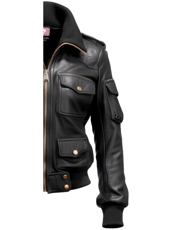 Women Black Biker Bomber Leather Jacket