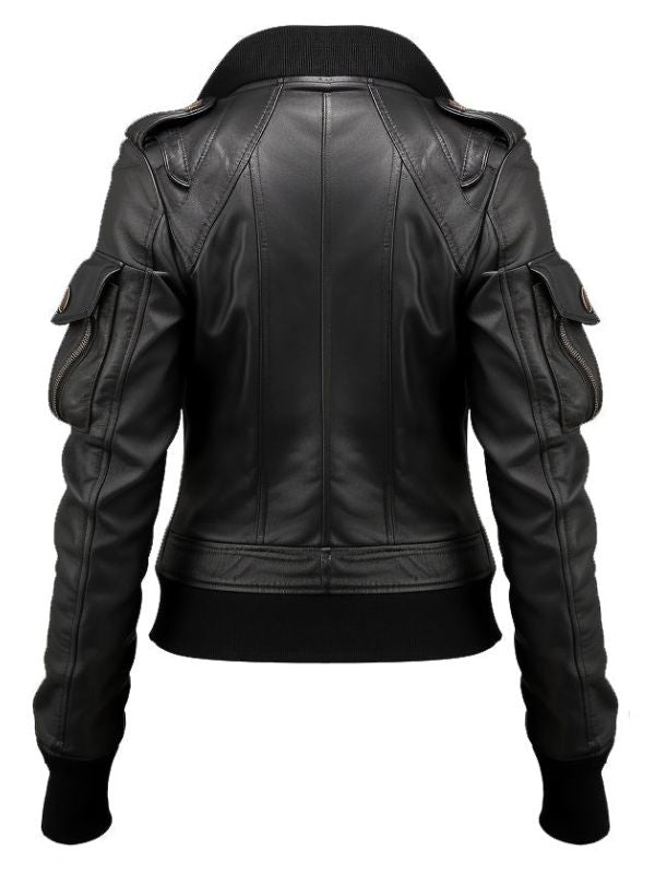 Women Black Biker Bomber Leather Jacket