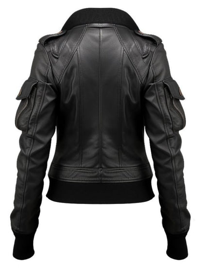Women Black Biker Bomber Leather Jacket