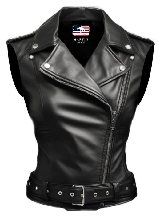 Women Black Stylish Biker Style Leather Vest