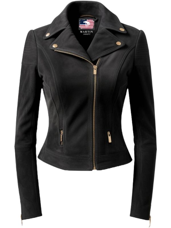 Women Black Suede Leather Jacket with Golden Zipper