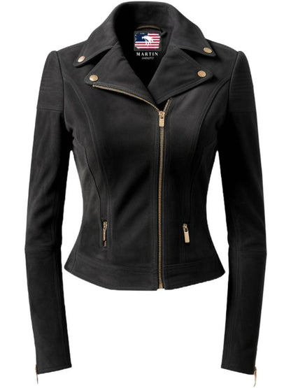 Women Black Suede Leather Jacket with Golden Zipper