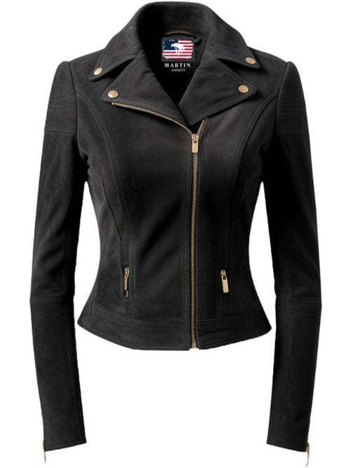 Women Black Suede Leather Jacket with Golden Zipper