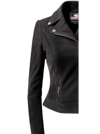 Women Black Suede Leather Jacket with Golden Zipper