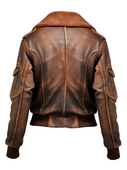 Women Brown Bomber Leather Jacket Distressed