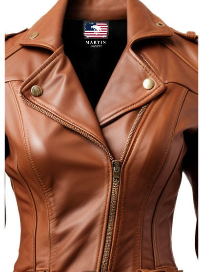 Women Brown Leather Jacket Asymmetrical Biker Style