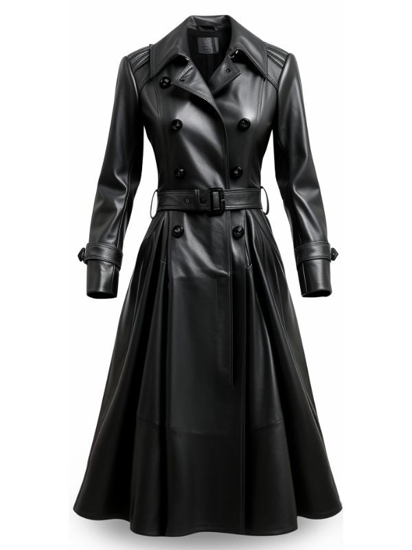 Women Designer Black Long Leather Coat